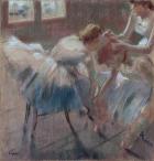 Three Dancers Preparing for Class, c.1880 (pastel on buff-colored wove paper)