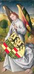 Angel holding a shield with the heraldic arms of de Chaugy and Montagu families with the two leopards of the de Jaucourt family, 1460-66 (oil on panel)