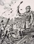British officer hurling grenades from trench at attacking Germans, from 'The War Illustrated Album deLuxe', published in London, 1916 (litho)