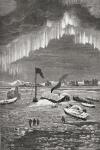 The crew of the Hansa surviving the winter in a shelter built of coal dust briquettes floating on sea ice, during the second German North Polar Expedition of 1869, with the Aurora Borealis overhead.