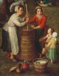 Country Life, detail of peasants churning milk (oil on canvas)