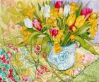 Tulips and Daffodils with Patterned Textiles, 2000, (water colour)