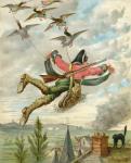 Lifted from earth by ducks, from 'The Adventures of Baron Munchausen' by Rudolf Erich Raspe (1736-94) published c.1886 (colour litho)