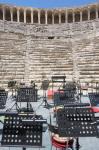 Aspendos, Antalaya Province, Turkey. The Roman theatre which is still in use. Orchestral equipment on stage in preparation for a performance.