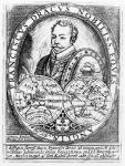 Portrait of Sir Francis Drake (c.1540-96) at the Age of 43, engraved by Jodocus Hondius (1567-1611) (engraving) (b/w photo)