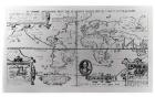 World Map detailing the Expeditions and Global Circumnavigation of Sir Francis Drake (c.1540-96) 1577-2580 (engraving) (b&w photo)