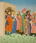 A Young Mother's Retinue, after a miniature in a latin Terence owned by King Charles VI (1368-1422) from 'Le Moyen Age et La Renaissance' by Paul Lacroix (1806-84) published 1847 (colour litho)
