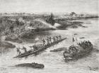 French and British explorers hunting hippopotamus on the Congo River in the 19th century, from 'Africa Pintoresca', published 1888 (engraving)