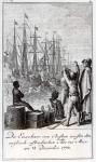 The Inhabitants of Boston Throw English-East Indian Tea in the Sea, 18 December 1773 (engraving) (b&w photo)
