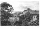 Two Upper Cotton Works, New Lanark Textile mills, 1796 (engraving) (b&w photo)