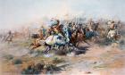 The Indian encirclement of General Custer at the Battle of the Little Big Horn. Custer's Last Stand. After a work by Charles Marion Russell.