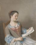 'La liseuse" Marianne Lavergne, a cousin of the artist, in Lyons countryside clothing, 1746 (pastel on parchment)
