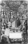French Ball, Royal Almanac, with a score sheet of the 'Menuet de Strasbourg' by Marc Antoine Charpentier (1634-1704) 1682 (engraving) (b/w photo)