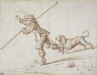 Man hunting with a pointed staff and a hound (pen & brown ink on paper)