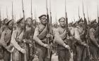 Russian infantry on parade and presenting arms during World War One, from 'The Illustrated War News', 1915 (b/w photo)