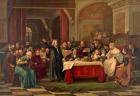 Christopher Columbus 1451-1506, at the Spanish court requesting financial support from Queen Isabella and King Ferdinand for his trip to the New World.