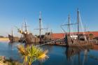 Replicas of the ships Columbus sailed to the Americas in at El Muelle de las Carabelas, or The Wharf of the Caravels at Palos de la Frontera, Huelva Province, Andalusia, southern Spain. (photo)