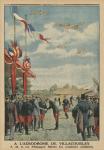 At Villacoublay aerodrome, H. M. Alfonso XIII, King of Spain congratulating the air force aviators, back cover illustration from 'Le Petit Journal', supplement illustre, 18th May 1913 (colour litho)