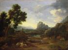 Landscape with hunter and dogs (oil on canvas)