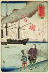 American naval vessel in a Japanese harbour, 1861 (colour woodcut)