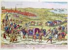 The Duke of Alba, recalled to Spain, leaving Brussels, 1573 (coloured engraving)