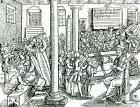 Schoolroom scene in Tudor times (litho) (b/w photo)