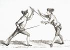 A swordsman disarms his opponent and is in a position to thrust, from 'XVIII Siecle Institutions, Usages et Costumes', published 1875 (litho)