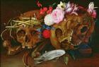 Vanitas Still Life with Skulls, Flowers, a pearl mussel shell, a bubble and straw (oil on canvas)
