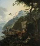 Boatmen Moored on the Shore of an Italian Lake, 1650-70 (oil on canvas)