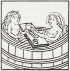 Man and woman together in a bathtub eating and bathing. After a 15th century illustration. From Illustrierte Sittengeschichte vom Mittelalter bis zur Gegenwart by Eduard Fuchs, published 1909.