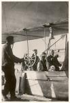 Count Ferdinand von Zeppelin with his daughter and engineer Ludwig Duerr in the gondola of the Zeppelin LZ3, Friedrichshafen, 26 September 1907 (b/w photo)