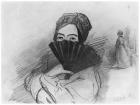 Portrait of George Sand (1804-76) behind her fan (pencil on paper) (b/w photo)