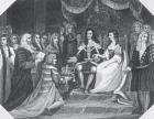 Presentation of the Bill of Rights to William III (1650-1702) of Orange and Mary II (1662-94) (engraving) (b/w photo)