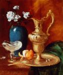 Still life of a gilt ewer, vase of flowers and a facon de Venise bowl