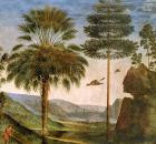 Man leaning on a staff, birds flying, trees, rocks, a lake and a distant city with spires, detail from 'The Journey of Moses', c.1481-3 (fresco) (detail of 218710)