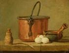 Still Life of Cooking Utensils, Cauldron, Frying Pan and Eggs (oil on canvas)
