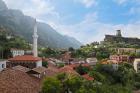Kruja, Durres County, Albania. Castle of Kruja and Skanderbeg Museum. Minaret of the Bazaar Mosque on right. The mosque is on the list of Religious Cultural Monuments of Albania.