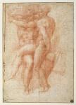 Nude female seated on the knees of a seated male nude: Adam and Eve (sanguine on paper)