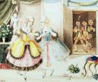 Fiordiligi and Dorabella watched from the doorway by Don Alfonso, Ferrando and Guglielmo, from 'Cosi Fan Tutte' by Wolfgang Amadeus Mozart (1756-91) (w/c)