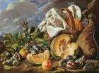 Still Life with figs, wicker basket, pumpkin, bread, wine skin and knife (oil on canvas)
