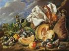 Still Life with figs, wicker basket, pumpkin, bread, wine skin and knife (oil on canvas)