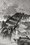 The crew of the Hansa transporting the boats to open water and escaping from the pack ice during the second German North Polar Expedition of 1869.