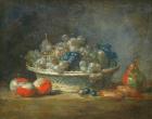 Still life: grape basket with three apples, a pear and two marzipans, 1764 (oil on canvas)