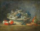 Still life: grape basket with three apples, a pear and two marzipans, 1764 (oil on canvas)