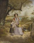 Mother and Child by a Stile, with Culver Cliff, Isle of Wight, in the distance, c.1849-50 (oil on panel)