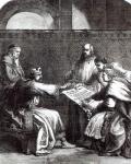 King John (1167-1216) refusing to sign Magna Charta when first presented to him, 1215 (engraving) (b&w photo)