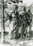 God shows Adam and Eve the Tree of Life in the Garden of Eden, 1529 (engraving) (b/w photo)