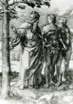 God shows Adam and Eve the Tree of Life in the Garden of Eden, 1529 (engraving) (b/w photo)