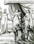 Charles I being given the sceptre and crown (engraving) (b/w photo)