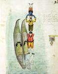 Three men balancing on two gondolas, 1772 (w/c on paper)